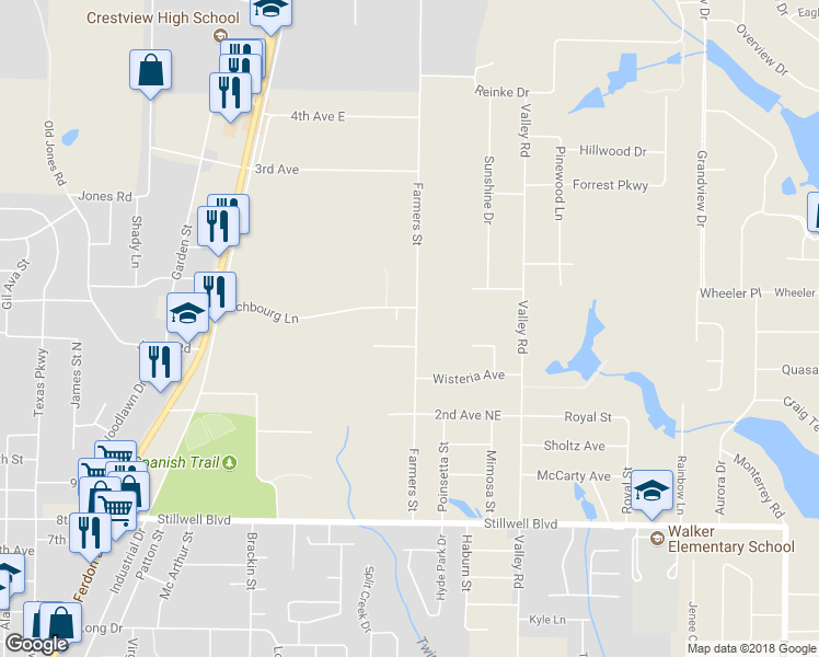 map of restaurants, bars, coffee shops, grocery stores, and more near 1126 Farmers Street in Crestview
