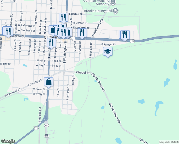 map of restaurants, bars, coffee shops, grocery stores, and more near 1387 South Court Street in Quitman