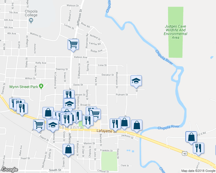 map of restaurants, bars, coffee shops, grocery stores, and more near 4497 Davis Street in Marianna