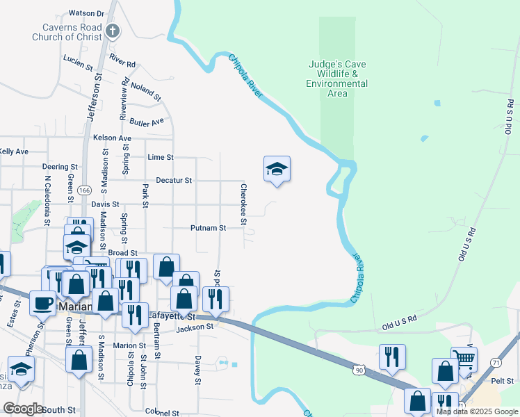 map of restaurants, bars, coffee shops, grocery stores, and more near 2958 Cherokee Street in Marianna