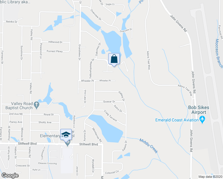 map of restaurants, bars, coffee shops, grocery stores, and more near 5605 Galaxy Drive in Crestview