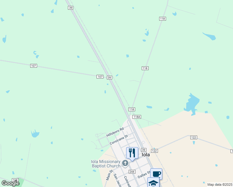 map of restaurants, bars, coffee shops, grocery stores, and more near 24153 Farm to Market 39 in Iola