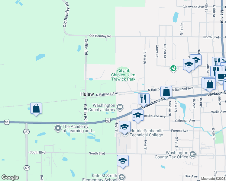 map of restaurants, bars, coffee shops, grocery stores, and more near 698 Bradley Lane in Chipley