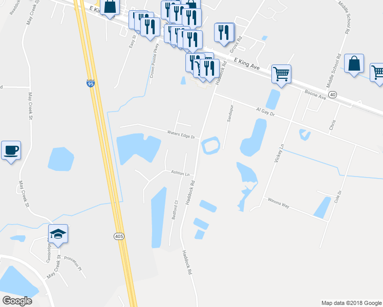 map of restaurants, bars, coffee shops, grocery stores, and more near 108 Shelton Place in Kingsland