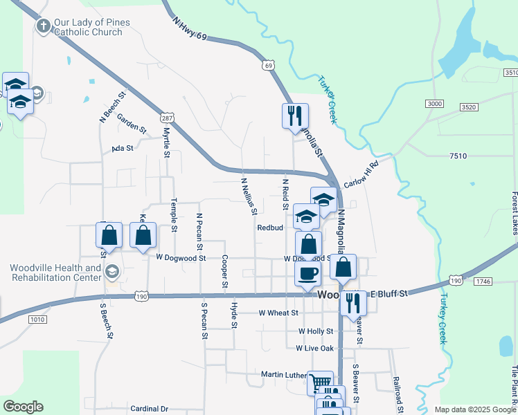 map of restaurants, bars, coffee shops, grocery stores, and more near in Woodville