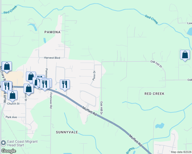 map of restaurants, bars, coffee shops, grocery stores, and more near 4270 Penn Drive in Semmes