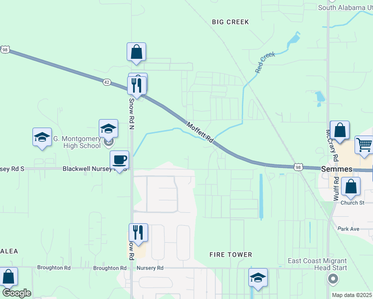 map of restaurants, bars, coffee shops, grocery stores, and more near 9625 Blackwell Nursey Rd in Semmes