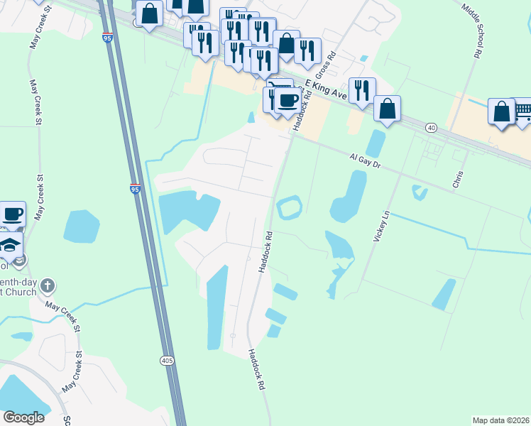 map of restaurants, bars, coffee shops, grocery stores, and more near 108 Shelton Place in Kingsland