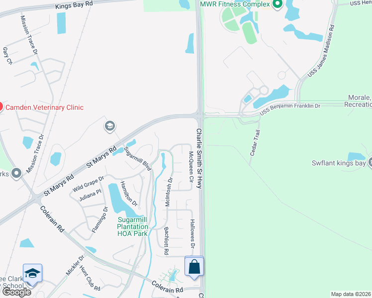 map of restaurants, bars, coffee shops, grocery stores, and more near 103 Baird Way in Saint Marys