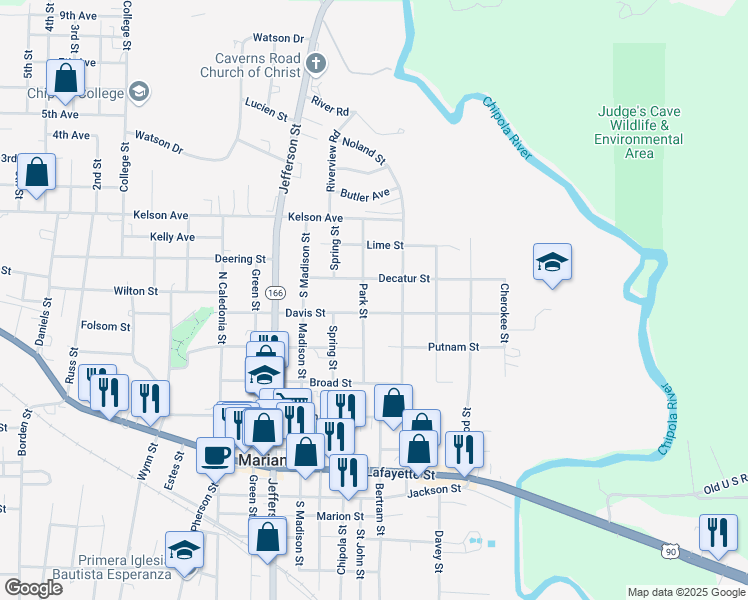 map of restaurants, bars, coffee shops, grocery stores, and more near 4478 Davis Street in Marianna