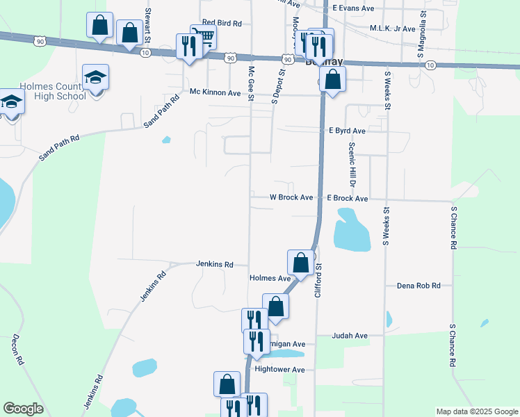 map of restaurants, bars, coffee shops, grocery stores, and more near 100 Oak Terrace Lane in Bonifay
