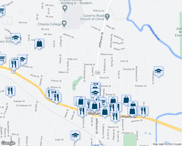 map of restaurants, bars, coffee shops, grocery stores, and more near 2961 Green Street in Marianna
