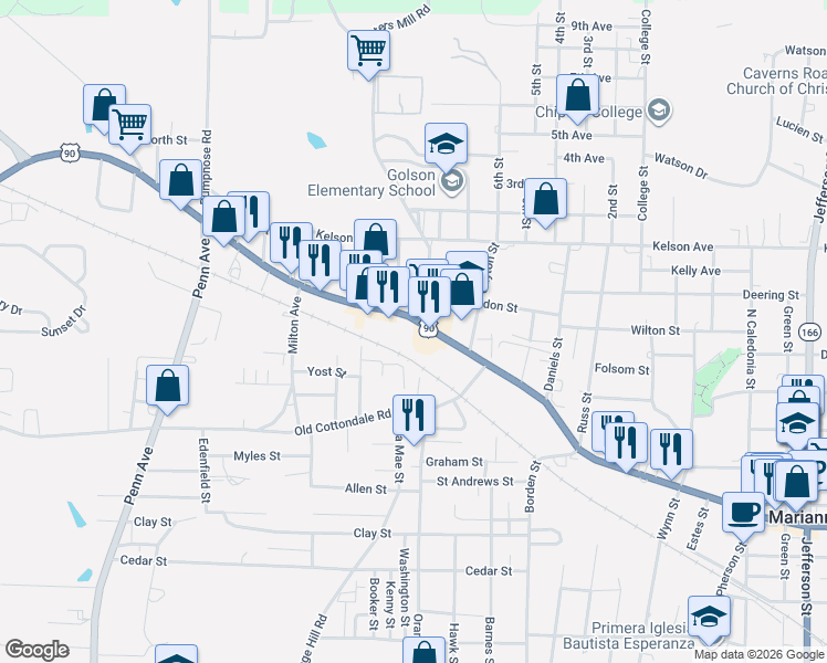 map of restaurants, bars, coffee shops, grocery stores, and more near 4245 Lafayette Street in Marianna