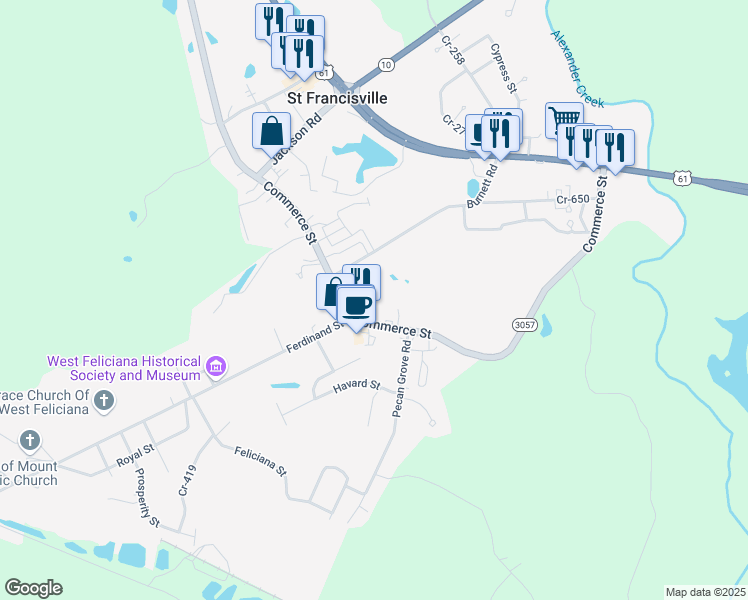 map of restaurants, bars, coffee shops, grocery stores, and more near 5720 Commerce Street in Saint Francisville