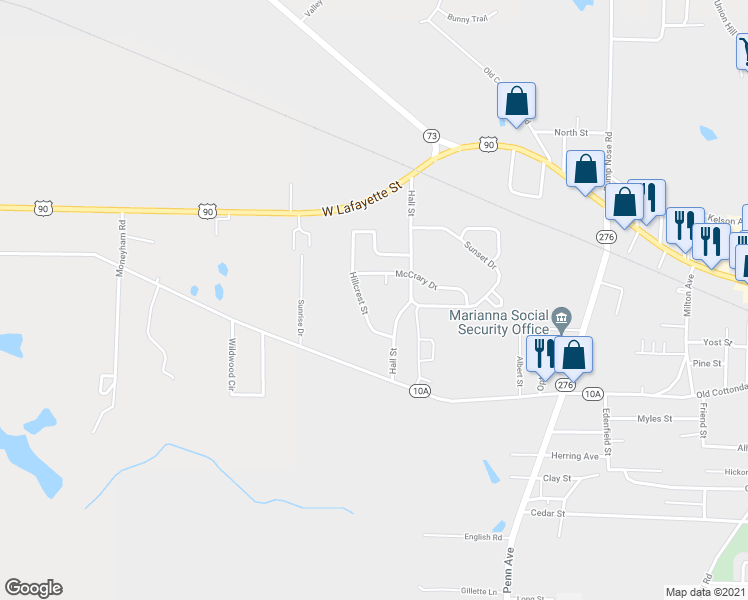 map of restaurants, bars, coffee shops, grocery stores, and more near 2962 Hillcrest Street in Marianna