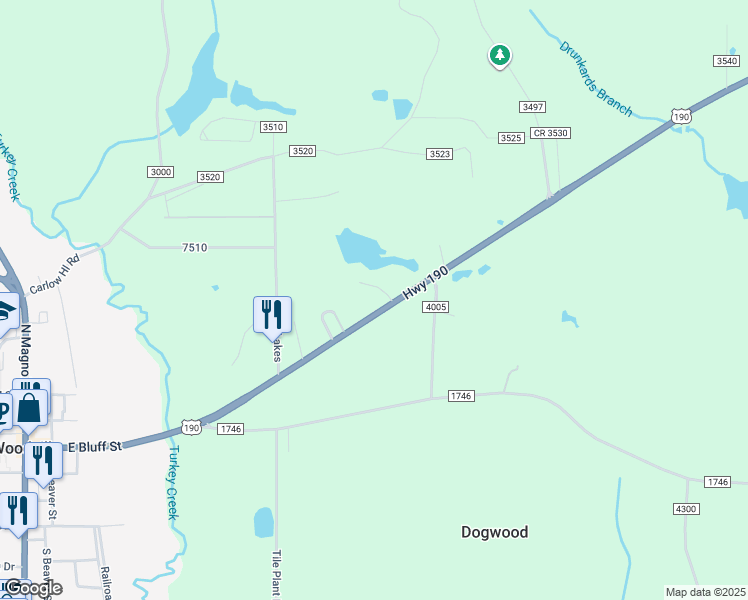 map of restaurants, bars, coffee shops, grocery stores, and more near 775 U.S. Highway 190 in Woodville