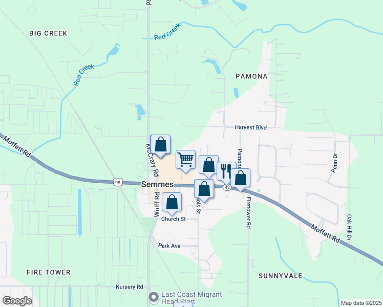 map of restaurants, bars, coffee shops, grocery stores, and more near 8675-8799 Pecan Court in Semmes