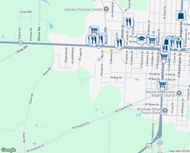 map of restaurants, bars, coffee shops, grocery stores, and more near 310 East Lake Drive in Quitman