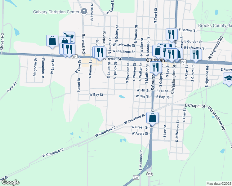 map of restaurants, bars, coffee shops, grocery stores, and more near 511 1/2 West Hill Street in Quitman