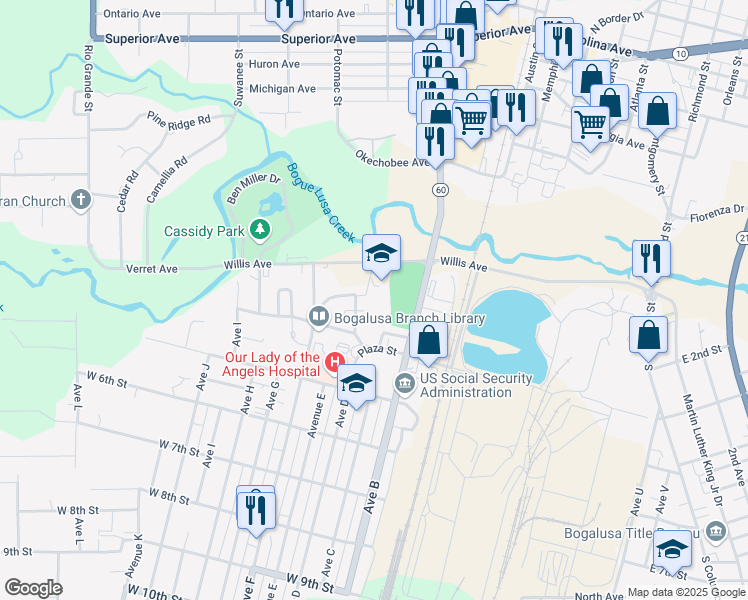 map of restaurants, bars, coffee shops, grocery stores, and more near 100 M J Israel Drive in Bogalusa