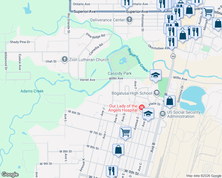 map of restaurants, bars, coffee shops, grocery stores, and more near 209 Avenue I in Bogalusa