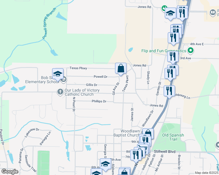 map of restaurants, bars, coffee shops, grocery stores, and more near 104 Gillis Drive in Crestview