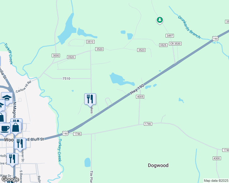 map of restaurants, bars, coffee shops, grocery stores, and more near 775 U.S. 190 in Woodville