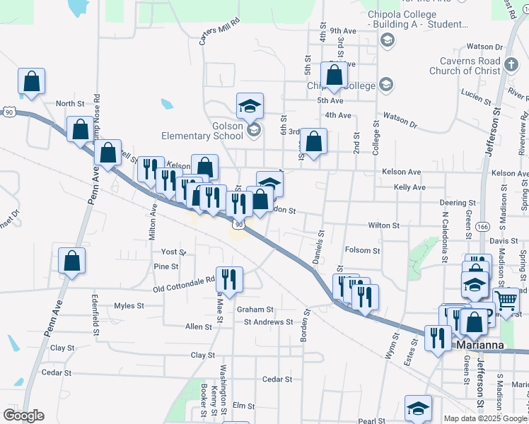 map of restaurants, bars, coffee shops, grocery stores, and more near 2971 Guyton Street in Marianna
