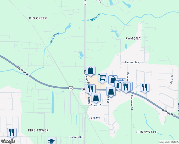 map of restaurants, bars, coffee shops, grocery stores, and more near 4340 McCrary Road in Semmes