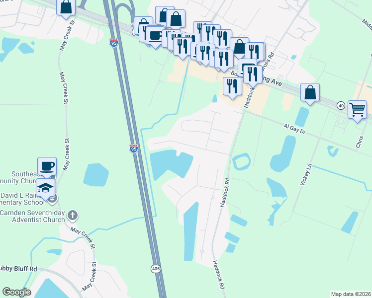 map of restaurants, bars, coffee shops, grocery stores, and more near 214 Waters Edge Drive in Kingsland