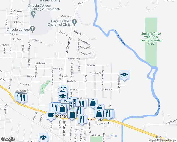 map of restaurants, bars, coffee shops, grocery stores, and more near 4478 Decatur Street in Marianna