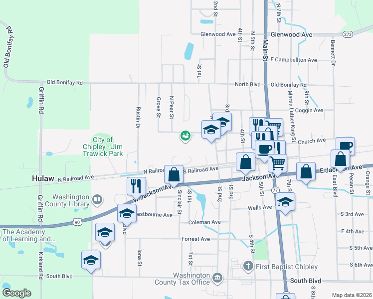 map of restaurants, bars, coffee shops, grocery stores, and more near 680 2nd Street in Chipley