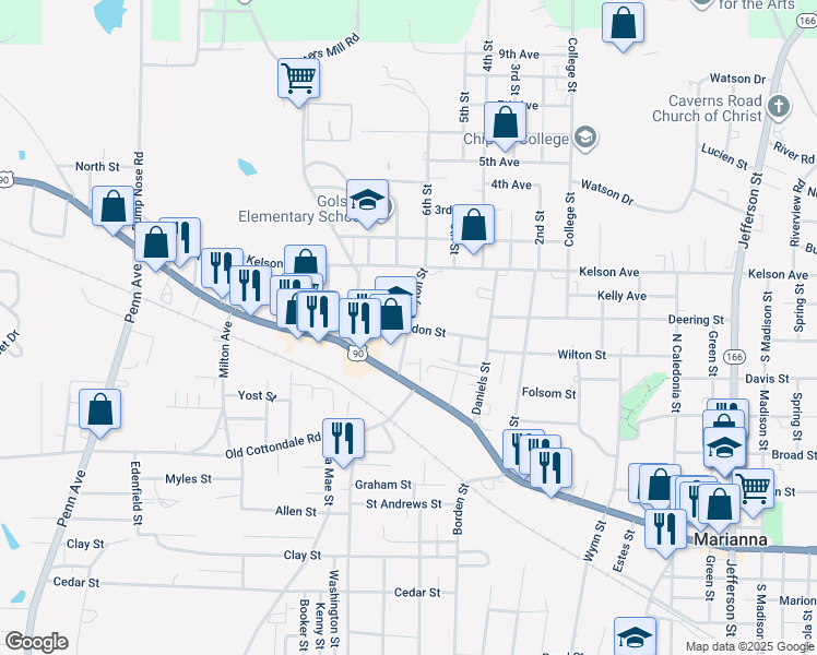 map of restaurants, bars, coffee shops, grocery stores, and more near 4279 Liddon Street in Marianna