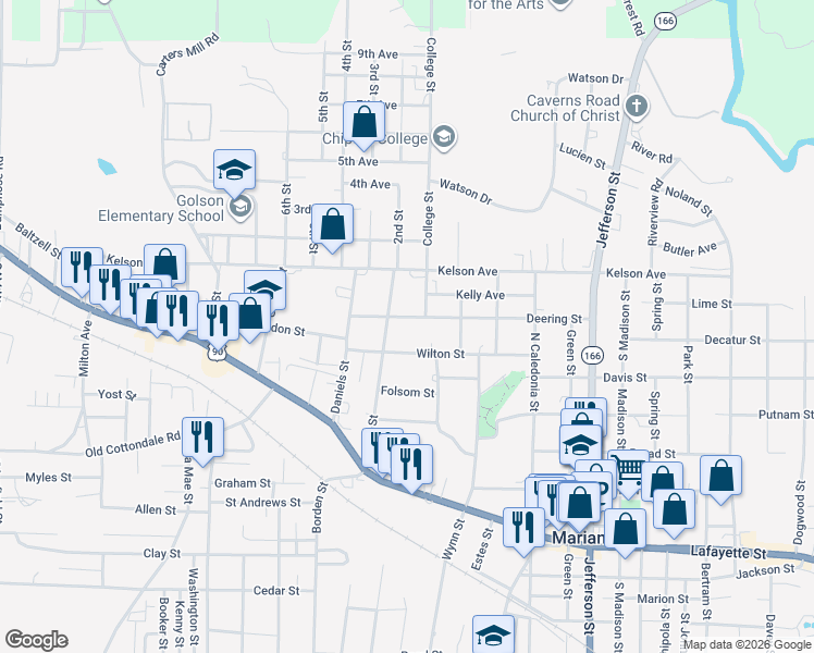 map of restaurants, bars, coffee shops, grocery stores, and more near 4341 Deering Street in Marianna