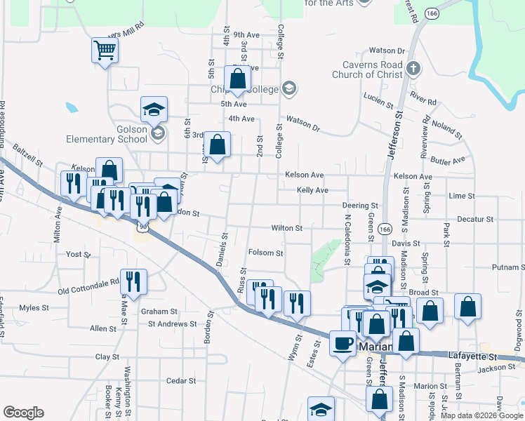 map of restaurants, bars, coffee shops, grocery stores, and more near 4341 Deering Street in Marianna