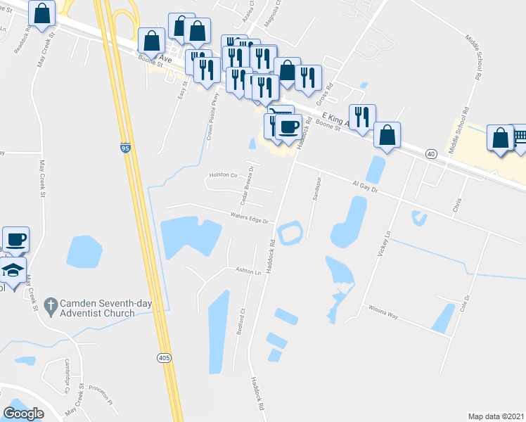 map of restaurants, bars, coffee shops, grocery stores, and more near 110 Paradise Court in Kingsland
