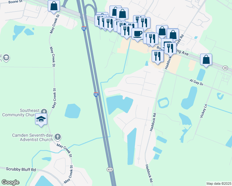 map of restaurants, bars, coffee shops, grocery stores, and more near 228 Waters Edge Drive in Kingsland