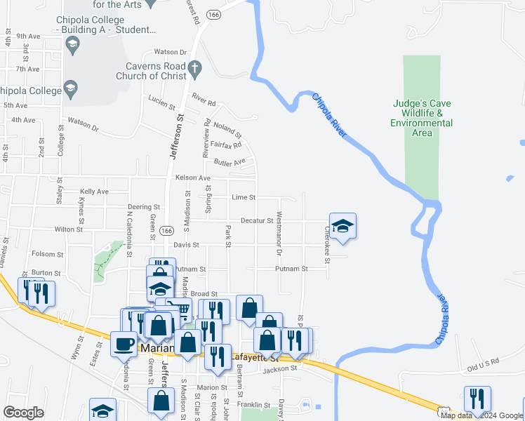 map of restaurants, bars, coffee shops, grocery stores, and more near 4500 Decatur Street in Marianna