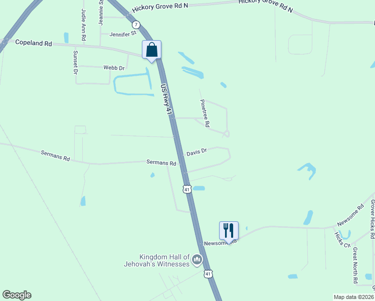 map of restaurants, bars, coffee shops, grocery stores, and more near 3130 Davis Drive in Valdosta