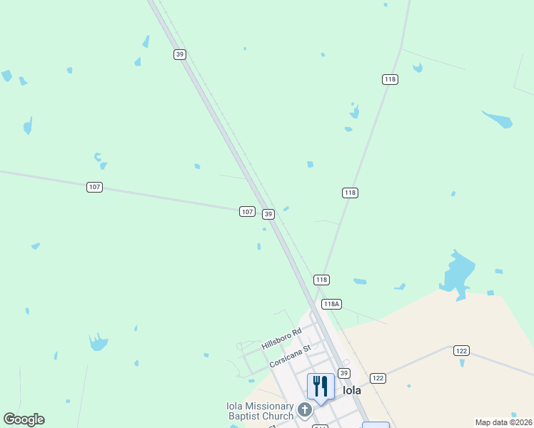 map of restaurants, bars, coffee shops, grocery stores, and more near 7488 County Road 107 in Iola