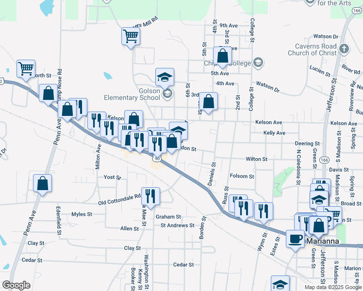 map of restaurants, bars, coffee shops, grocery stores, and more near 2971 Guyton Street in Marianna