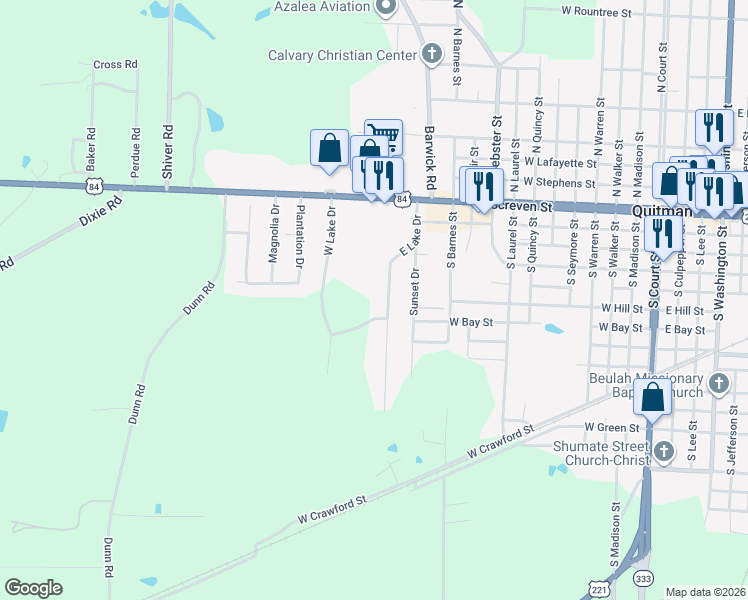 map of restaurants, bars, coffee shops, grocery stores, and more near 309 East Lake Drive in Quitman
