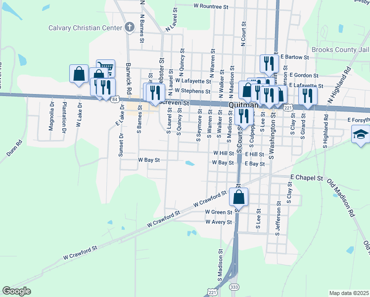 map of restaurants, bars, coffee shops, grocery stores, and more near 511 1/2 West Hill Street in Quitman