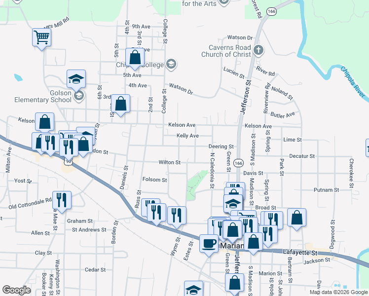 map of restaurants, bars, coffee shops, grocery stores, and more near 4373 Deering Street in Marianna
