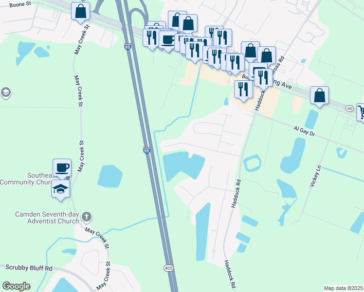 map of restaurants, bars, coffee shops, grocery stores, and more near 228 Waters Edge Drive in Kingsland