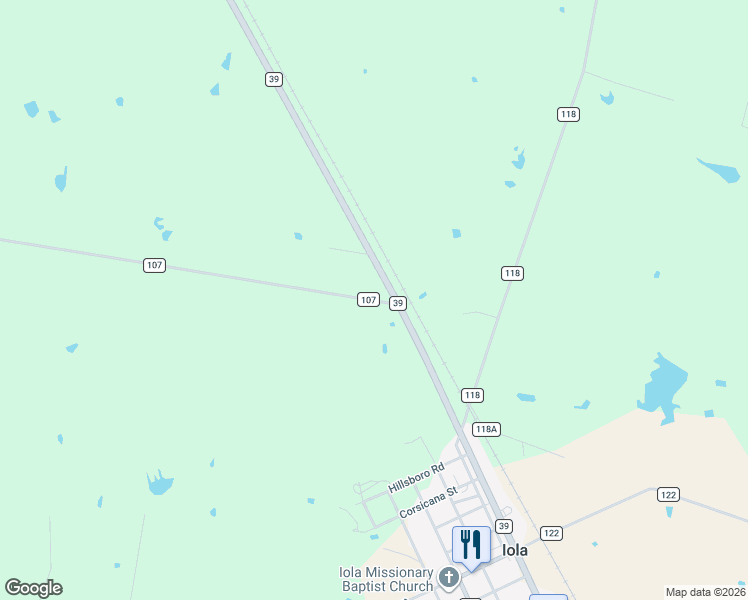 map of restaurants, bars, coffee shops, grocery stores, and more near 7488-7564 County Road 107 in Iola