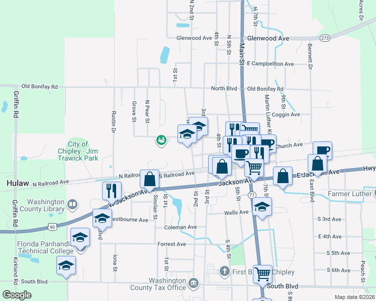 map of restaurants, bars, coffee shops, grocery stores, and more near 680 2nd Street in Chipley