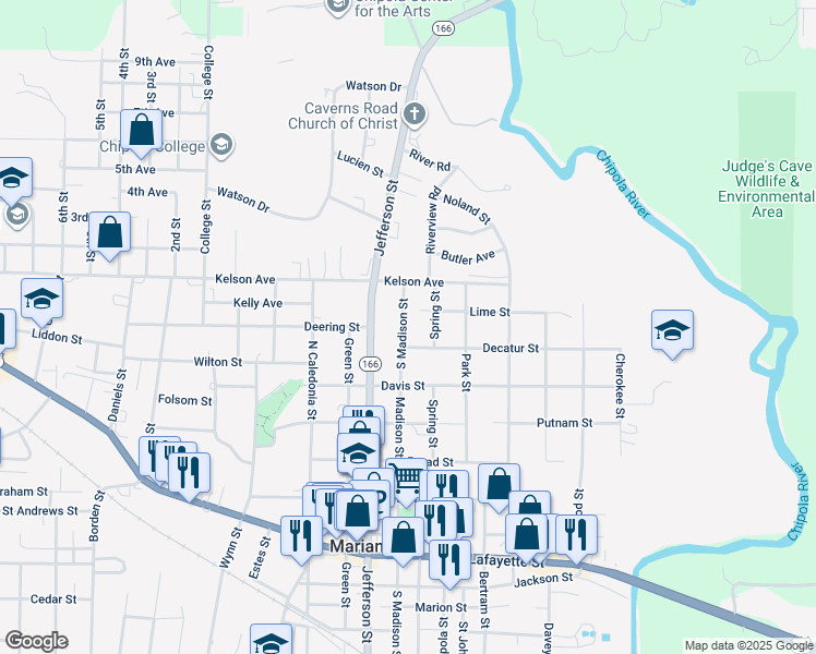 map of restaurants, bars, coffee shops, grocery stores, and more near 2978 Madison Street in Marianna
