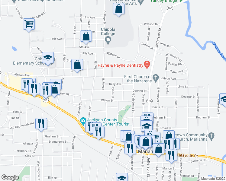 map of restaurants, bars, coffee shops, grocery stores, and more near 2976 Kynes Street in Marianna