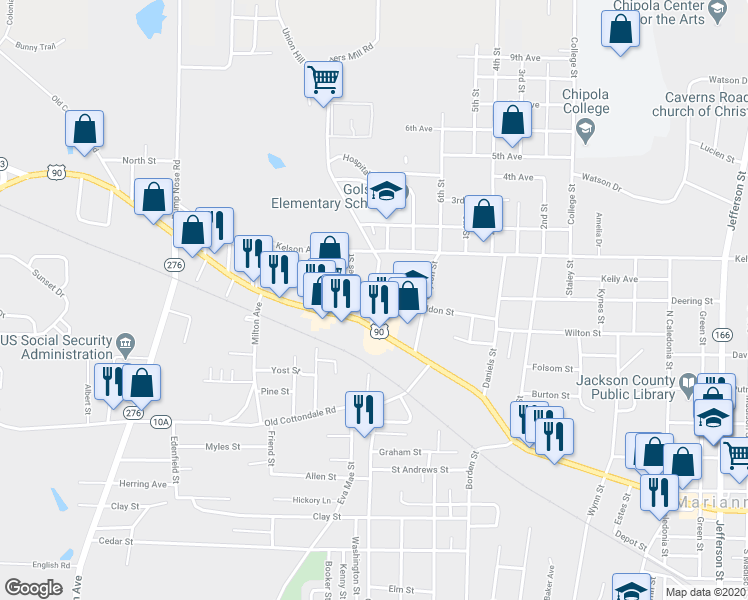 map of restaurants, bars, coffee shops, grocery stores, and more near 201 Smith Street in Marianna